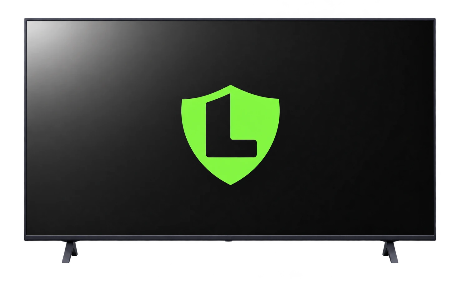 Modern flat-screen TV on a stand showing the LotteryMenu lime green shield emblem on its screen