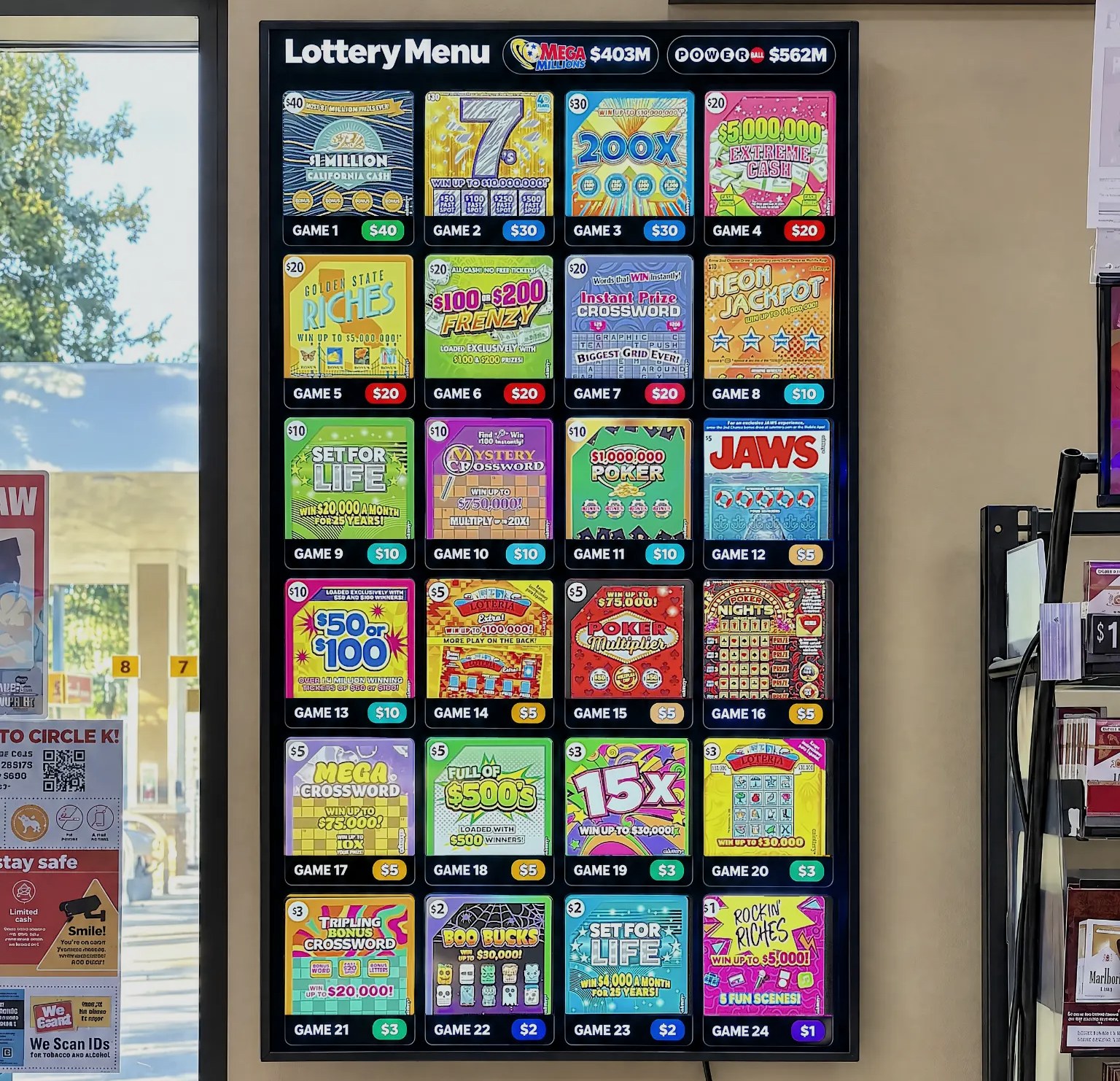 LotteryMenu lottery menu board on a vertical screen mounted on a convenience store wall beside the cigarette racks