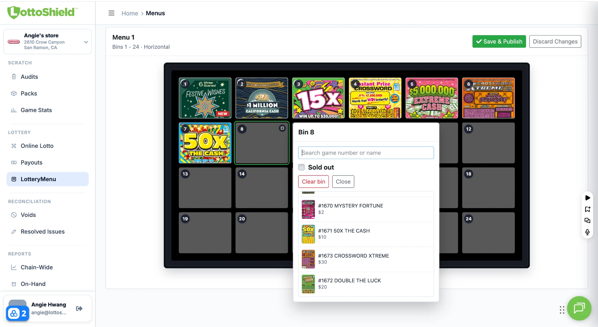 LottoShield portal screen showing a 24-bin lottery menu with the Bin 8 game picker open