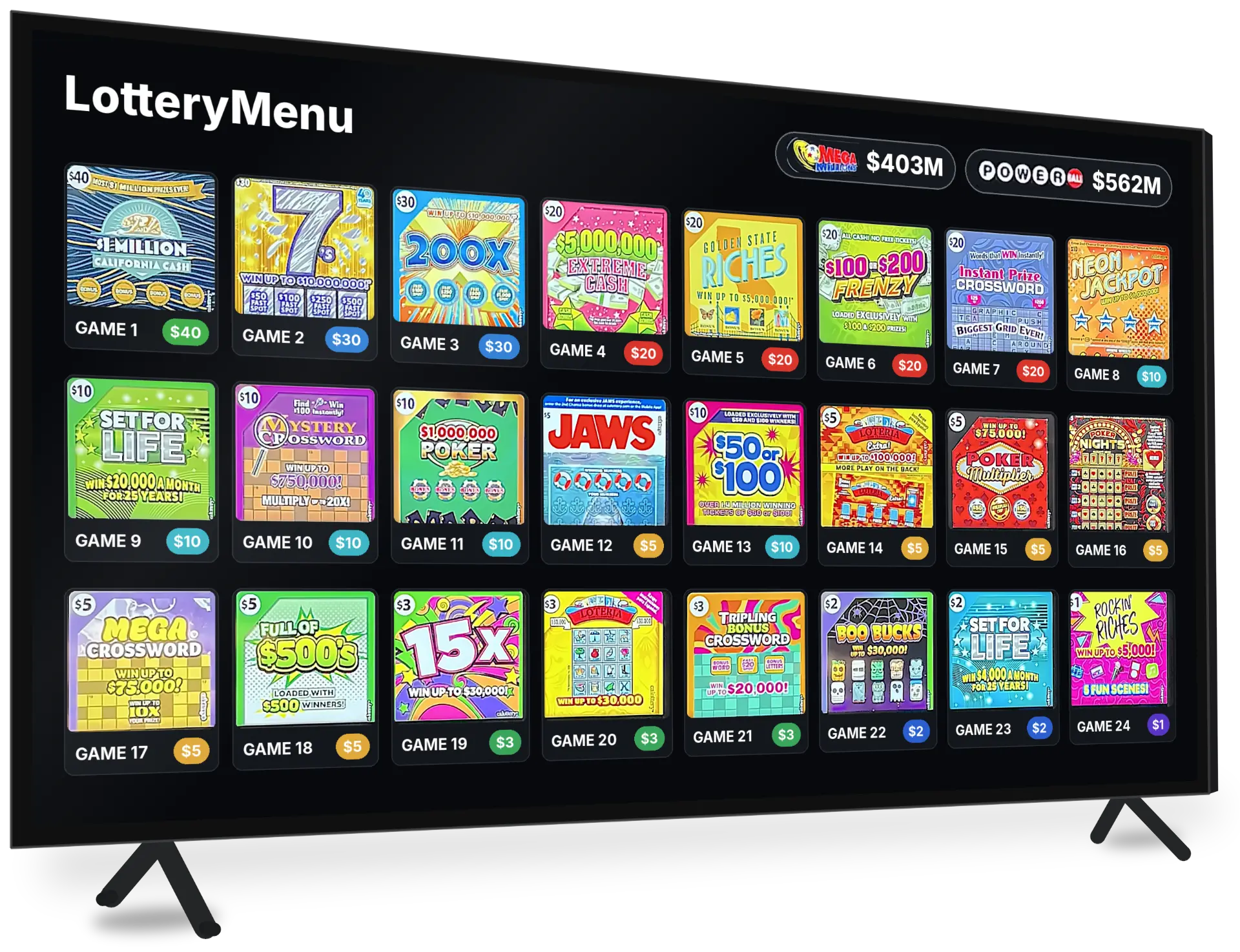 LotteryMenu digital lottery board on an angled TV showing scratch ticket games and prices